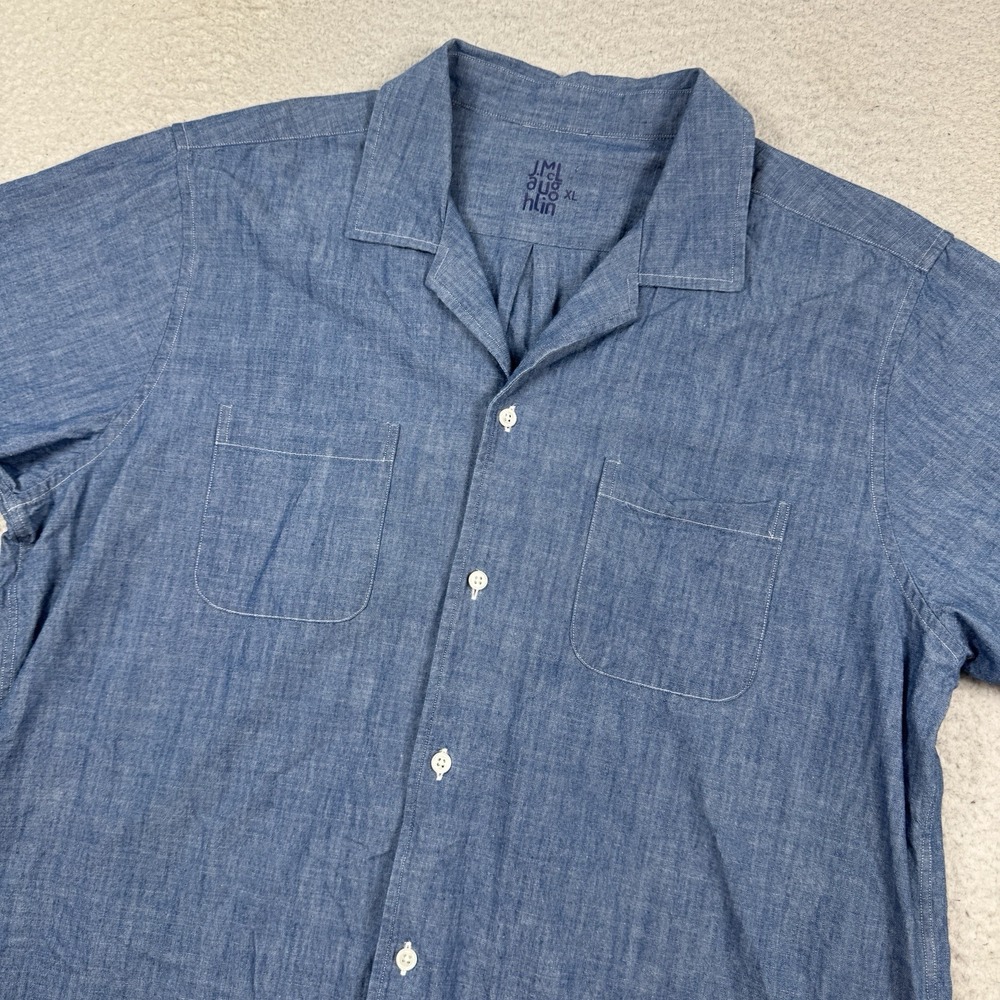 J. McLaughlin Shirt Mens M Blue Chambray Button Front Cotton Casual Short Sleeve